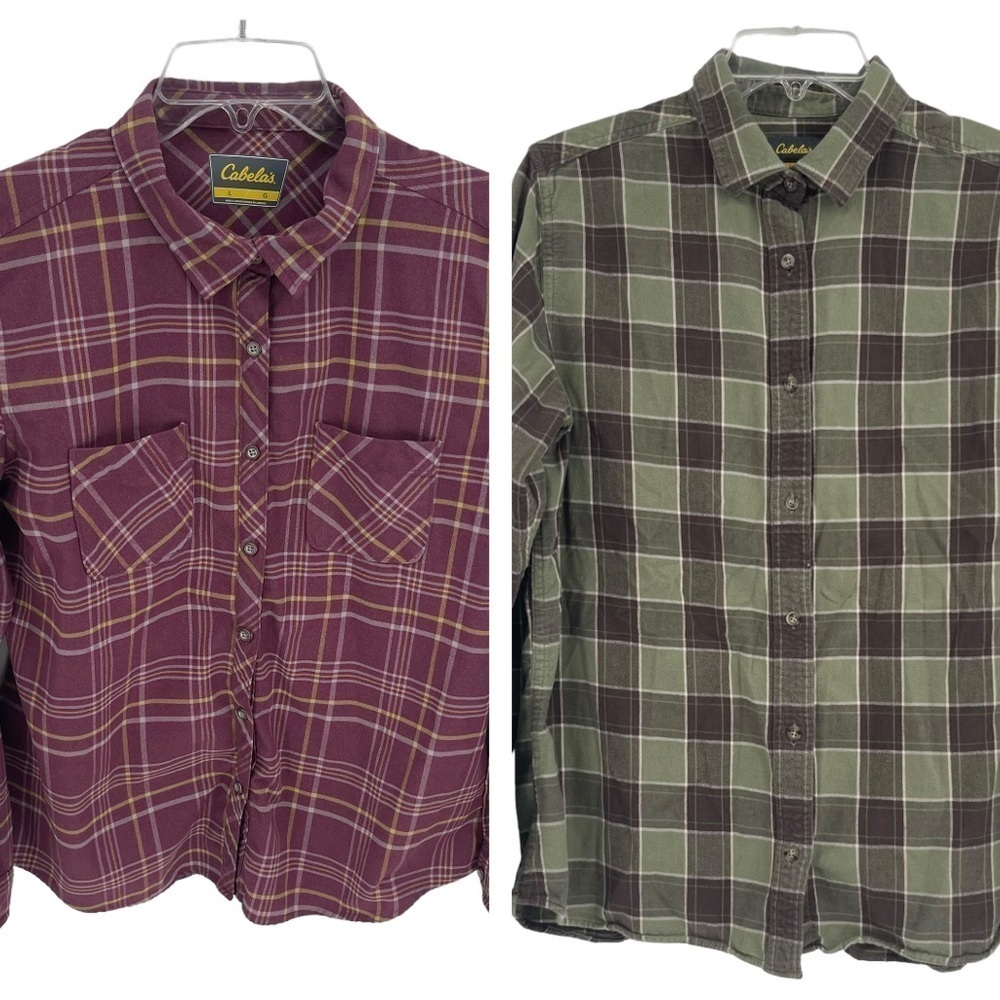 Cabela's Flannel Shirts Women's Size Large Lot Of 2 Pink/green Plaid Long Sleeve